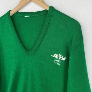 NEW YORK JETS Sweater Mens L NFL Football V-Neck Jumper Pullover Green Vintage